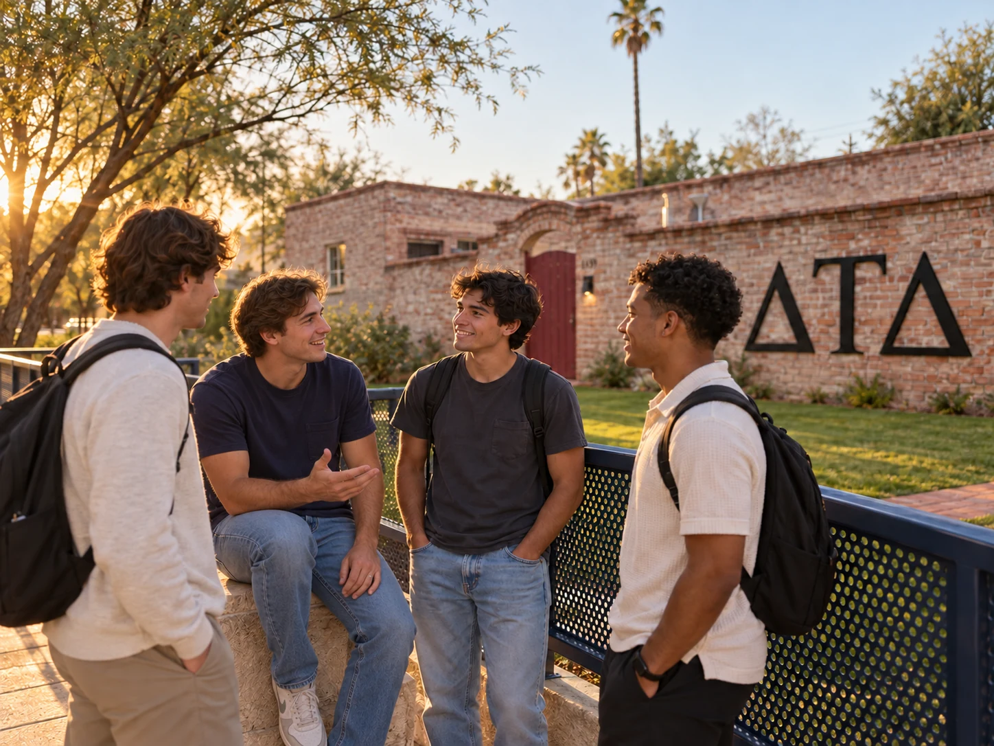 AI-generated editorial scene of active student members speaking with a prospective student outside the Arizona Delt house