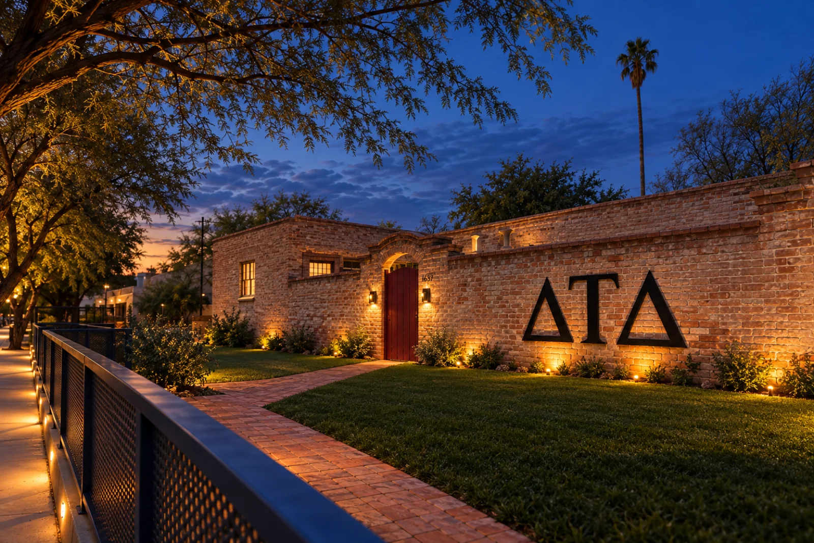 The brick courtyard and Delta Tau Delta letters at the Arizona Delt house at blue hour